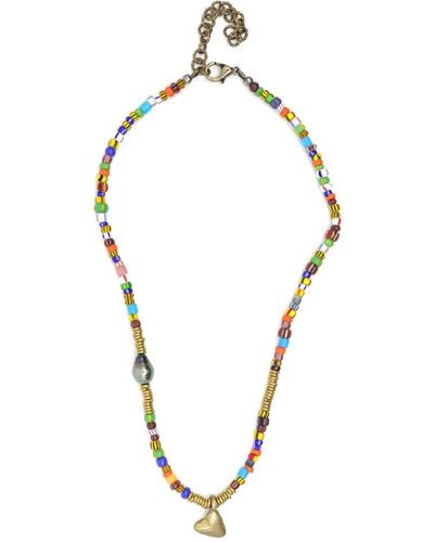 Shar Oke Multi Colour Striped African Glass, Brass & Tahitian Pearl Beaded Necklace - Metallic