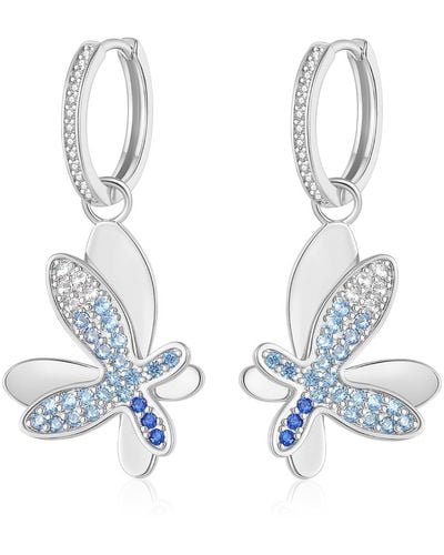 Classicharms Silver Gradient Pavé Diamond Butterfly Dangle Drop Hoop Earrings - Blue