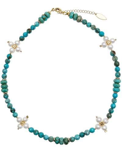 Farra Turquoise With Flower Pearls Necklace - Blue