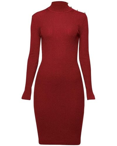 Rumour London Andrea Ribbed Wool Midi Dress In Burgundy - Red