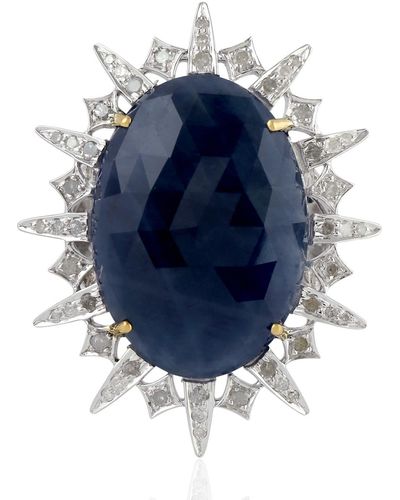 Artisan Sterling Silver White Gold Blue Sapphire Sunburst Cocktail Ring Handmade Jewelry