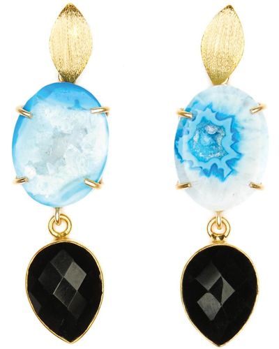 Magpie Rose Banded Agate & Black Onyx Cocktail Earrings - Blue
