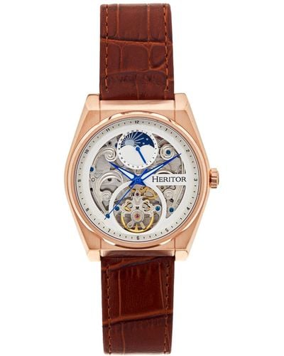 Heritor Daxton Leather-band Skeleton Watch With Moon Phase - Pink
