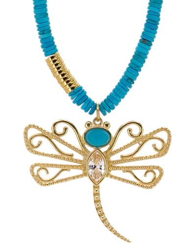 Ebru Jewelry Turquoise Beaded Gold Spiritual Dragonfly Pendant Necklace - Metallic