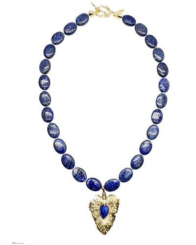 Farra Oval Lapis With Heart Charm Short Necklace - Blue