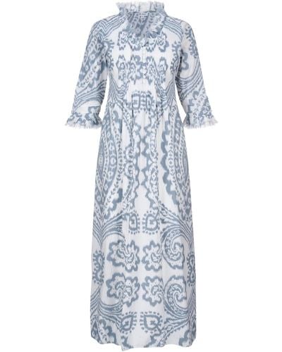 At Last Cotton Annabel Maxi Dress In & White Ikat - Blue