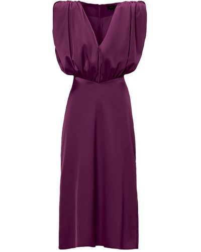 BLUZAT Burgundy Midi Dress With V-sharped Draped Bodice - Purple