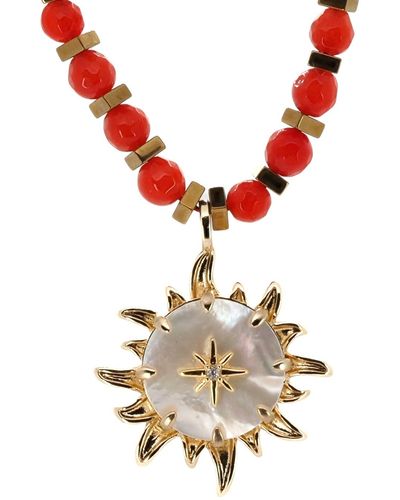 Ebru Jewelry Carnelian Stone Spiritual Sun Pendant Red Neckalce - Metallic