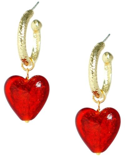 I'MMANY LONDON My Precious Lampwork Glass Heart Earrings With Textured Golden Hoops