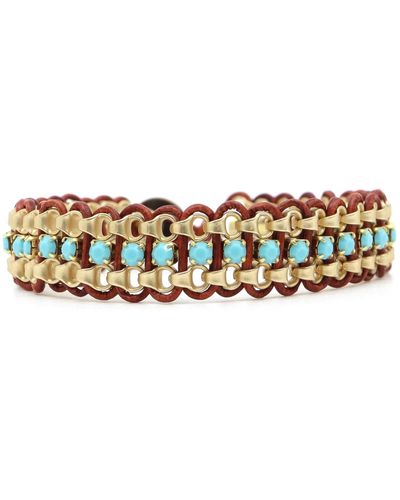 Shar Oke Turquoise Crystals, Matte Gold Chain & Natural Red Brown Leather Bracelet - Multicolor