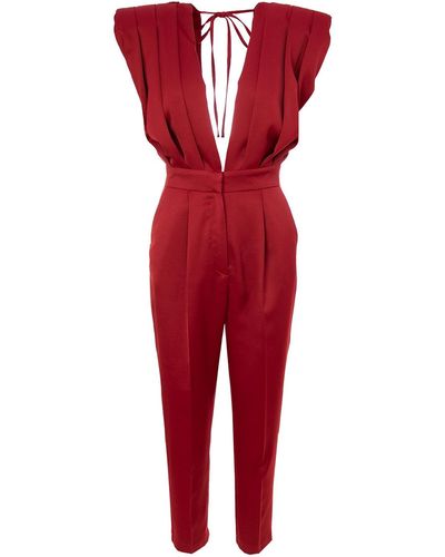 BLUZAT Draped Jumspuit With Conical Pants - Red