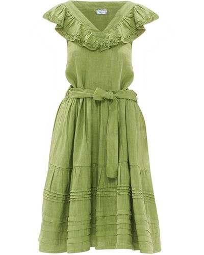 Haris Cotton V Neck Lace Insert Linen Dress With Frills And Ruffeled Hem Avocado - Green