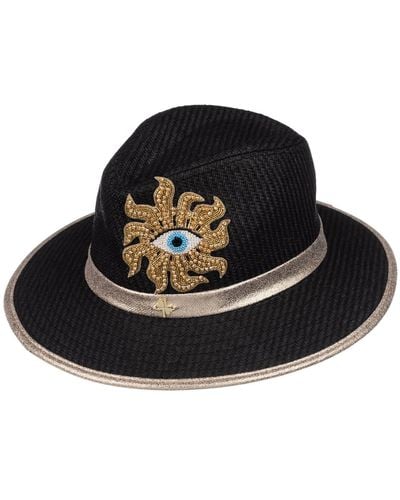 Laines London Straw Woven Hat With Couture Embellished Mystic Eye Design - Black
