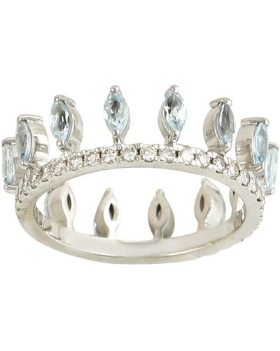 Artisan Marquise Aquamarine & Diamond In 14k White Gold Crown Ring - Metallic