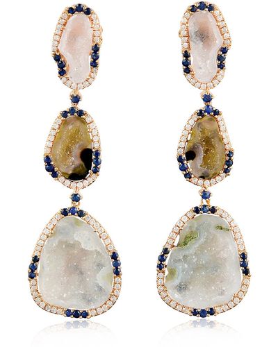 Artisan 18k Rose Gold Blue Sapphire Geode Diamond Dangle Earrings - White