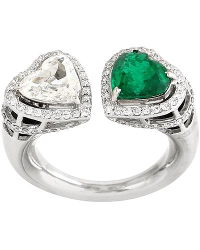 Artisan Heart Cut Natural Emerald & Diamond In 18k White Gold Bypass Designer Ring - Metallic