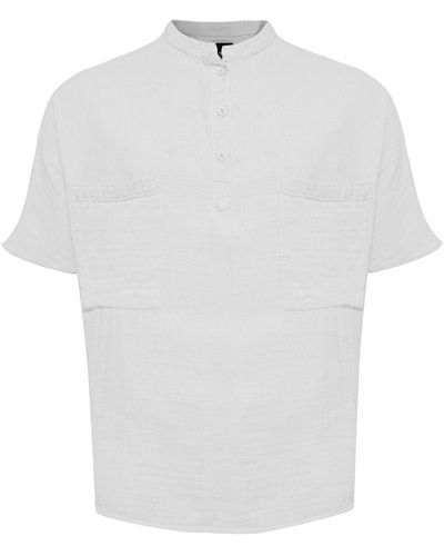 Monique Store Linen Mandarin Neck Half Button, Two Chest Pockets Shirt - White