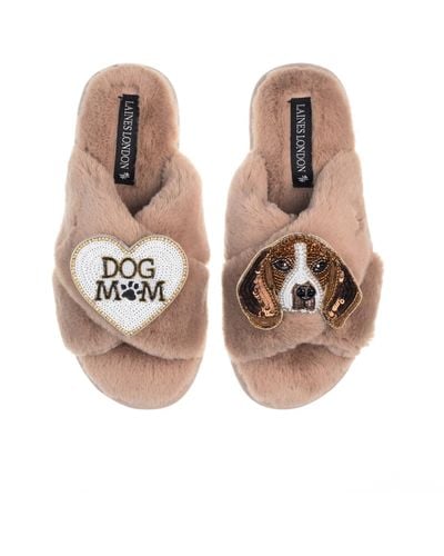 Laines London Classic Laines Slippers With Beagle & Dog Mum / Mom Brooches - Brown
