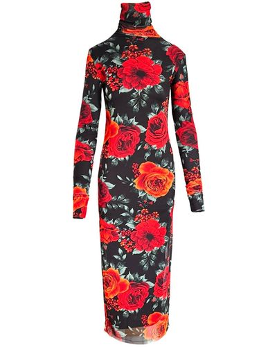 L2R THE LABEL Floral Print Mesh Dress In Black & Red