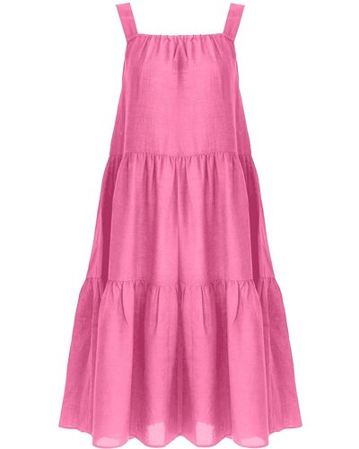 Zenzee Cotton Linen Gathered Strap Tiered Dress - Pink