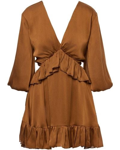 BLUZAT Mini Dress With Ruffles - Brown