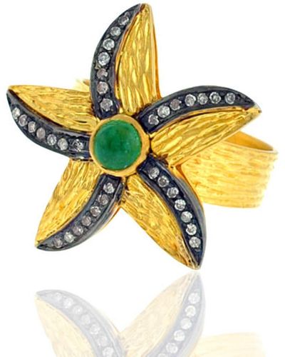 Artisan Gold Emerald Diamond Floral Design Ring Sterling Silver - Yellow