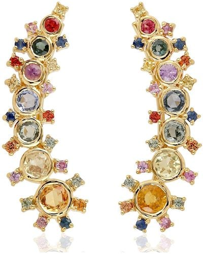 Artisan Yellow Gold Ear Climber Earrings Multi Sapphire Gemstone Jewellery - Metallic