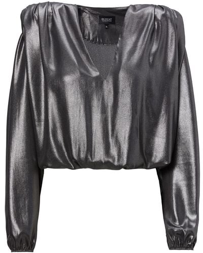 BLUZAT Metallic Veil Blouse With Draping Detailing And Puffy Sleeves - Black