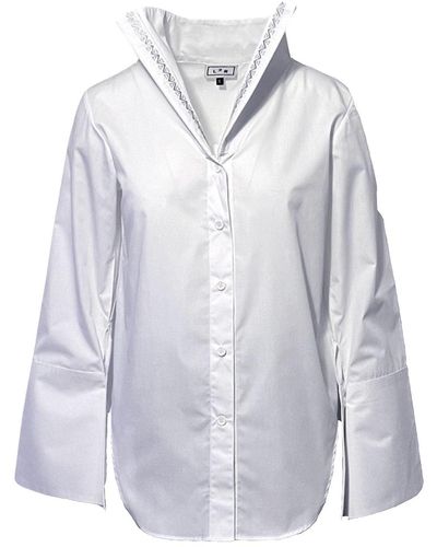 L2R THE LABEL Embroidered Wide Collar Shirt In Cotton - Blue
