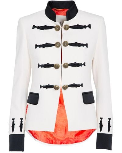 The Extreme Collection Ecru Crepe Embroidered Military Blazer With Golden Buttons Nuvola - White