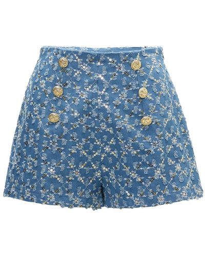 Nissa Sequined Denim Shorts - Blue