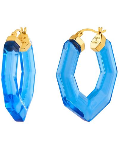 Gold & Honey Pear Gemstone Lucite Hoop Earrings In Blue