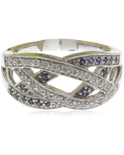 Artisan 18k White Gold In Blue Sapphire & Diamond Pave Designer Band Ring - Metallic