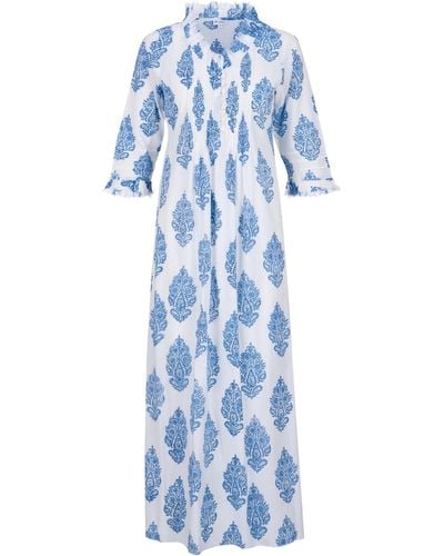 At Last Cotton Annabel Maxi Dress In Fresh & White - Blue