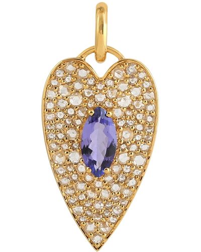 Artisan Marquise Shape Blue Tanzanite With Pave Natural Diamond In Heart Pendant & 18k Gold - Metallic