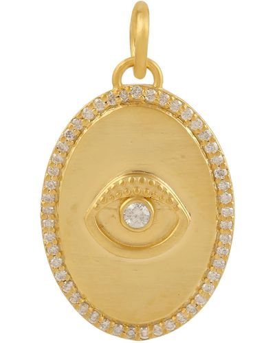 Artisan Solid 14k Yellow Gold Natural Diamond Evil Eye Oval Charm Pendant Jewelry - Metallic