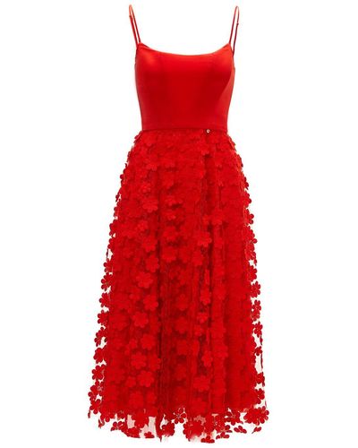 Nissa Flowers Applique Midi Dress - Red