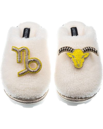 Laines London Teddy Closed Toe Slippers With Capricorn Zodiac Brooches - Metallic