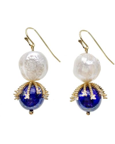 Farra Freshwater Pearl With Blue Aventurine Dangle Earrings