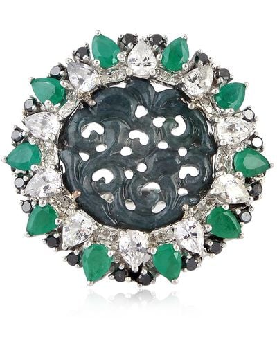 Artisan Carved Jade & White Sapphire With Emerald Pave Diamond In 18k White Gold And 925 Silver Cocktail Ring - Green