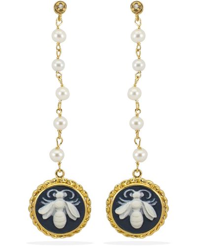 Vintouch Italy Bee Cameo & Pearls Earrings - Black