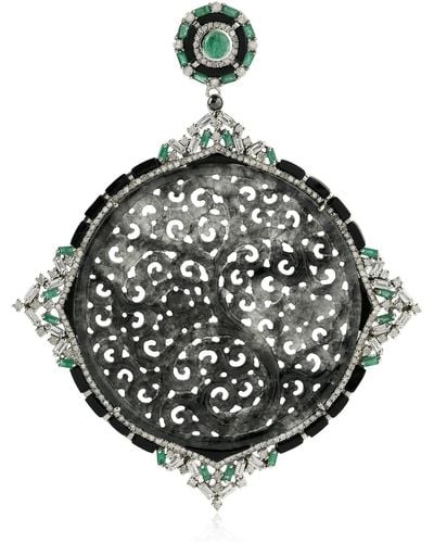 Artisan Natural Emerald Pendant 18k White Gold 925 Sterling Silver Jewelry - Black