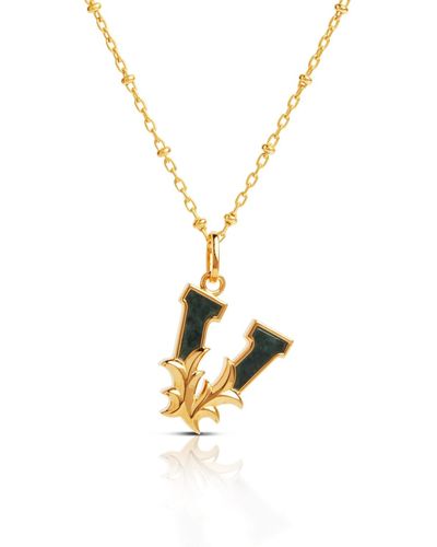 Kasun Plated V Initial Necklace With Green Marble - Metallic