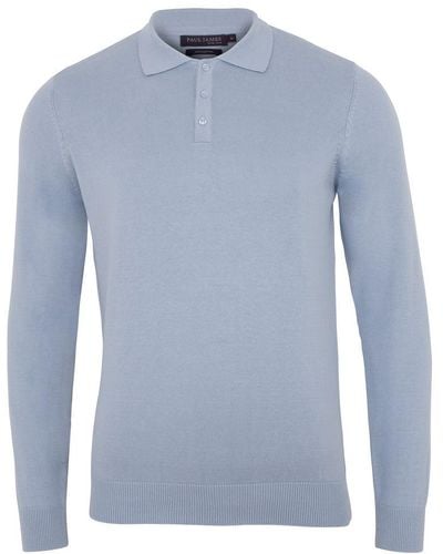 Paul James Knitwear S Cotton Hall Long Sleeve Knitted Polo Shirt - Blue