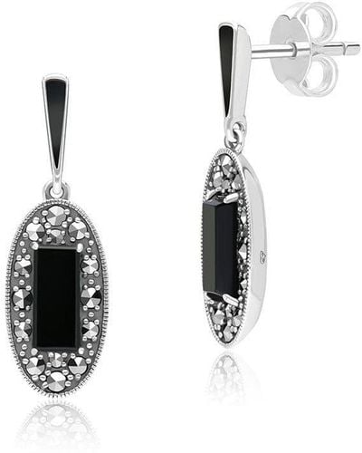 Gemondo Art Deco Style Oval Onyx, Marcasite & Enamel Drop Earrings In Sterling Silver - Black