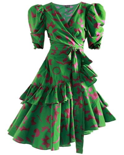 Jessie Zhao New York Green Garden Cotton Silk Wrap Midi Dress
