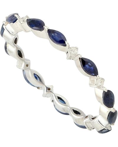 Artisan 18k White Gold Marques Shape Blue Sapphire Band Ring Handmade Jewelry