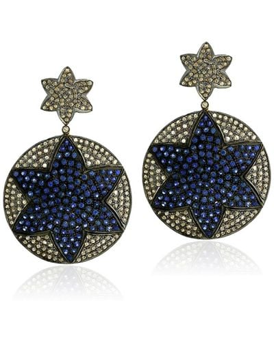 Artisan Natural Blue Sapphire & Diamond Star Drop/dangle Earrings With 14k Gold In 925 Silver