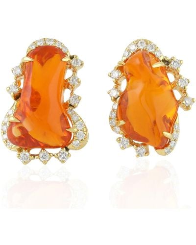 Artisan Fire Opal Stud Earrings 18k Yellow Gold Diamond Handmade - Orange