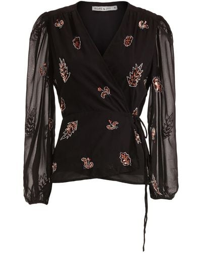 Hope & Ivy The Taylor Embellished Wrap Top With Tie Waist And Blouson Sleeve - Black